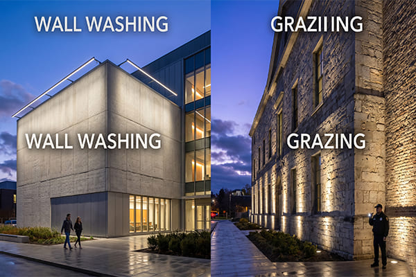 Different facade lighting techniques like wall washing and grazing